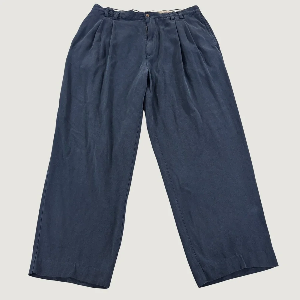 Tommy Bahama Relax Mens 38 Navy Silk Herringbone Pleated Trousers Pants